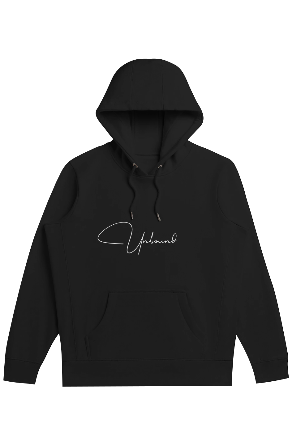 Black Unbound Script heavyweight organic hoodie, front view