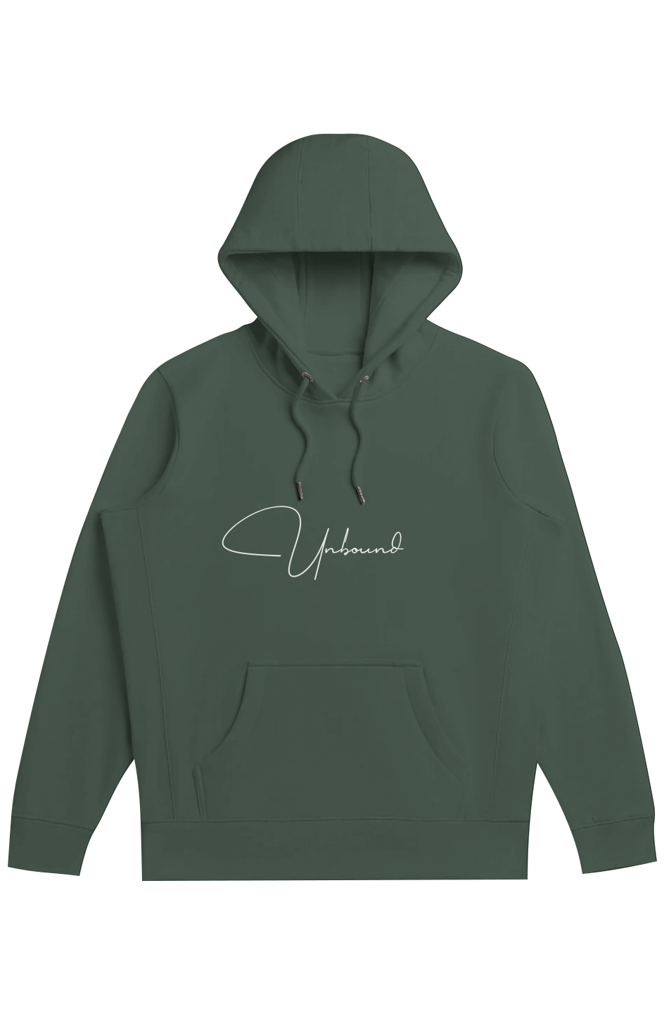 Ivy green Unbound Script heavyweight organic hoodie, front view