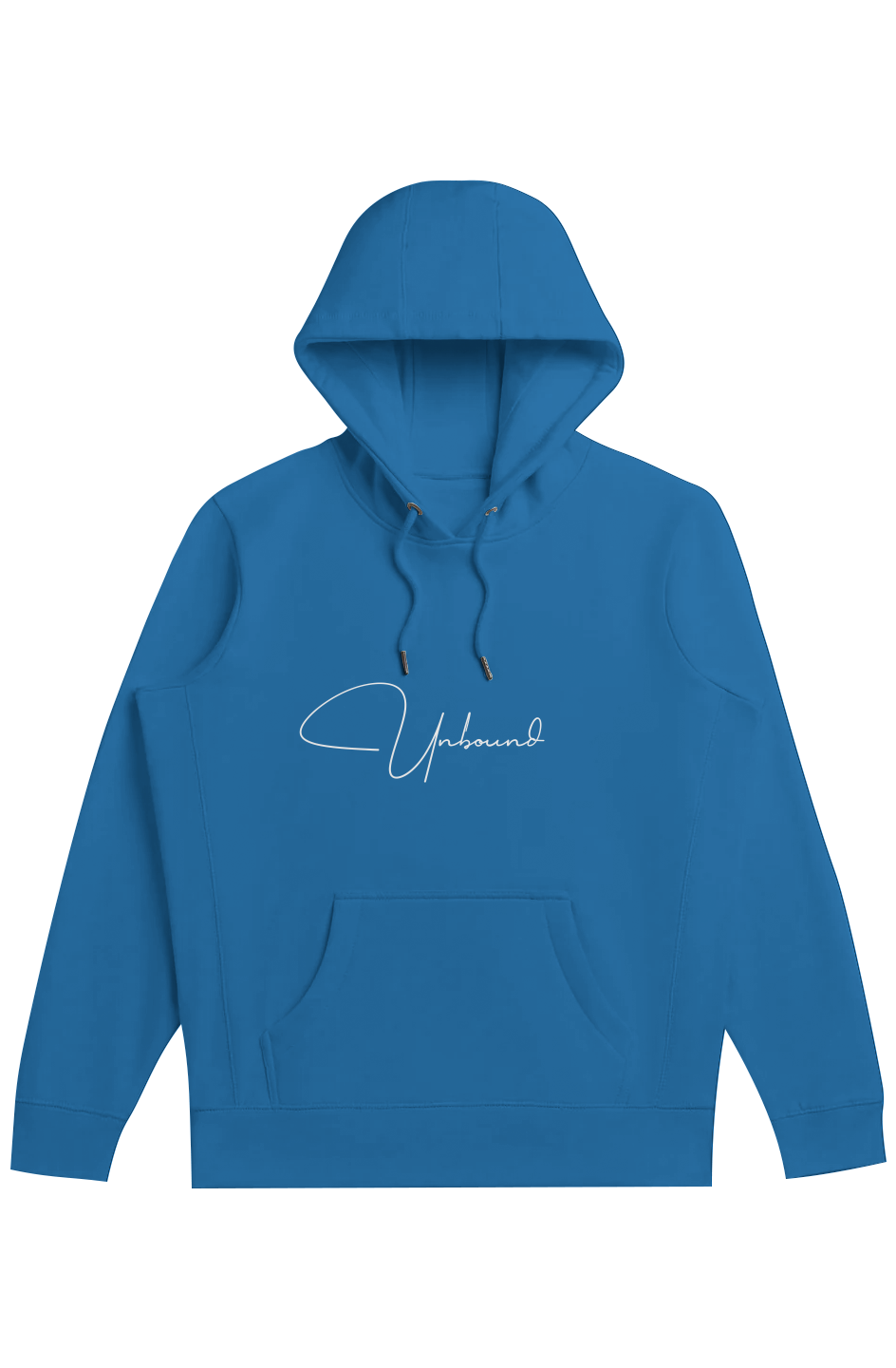 French Blue Unbound Script heavyweight organic hoodie, front view